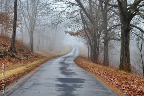 Abandoned Road Through Fog: A long, empty road disappearing into thick fog