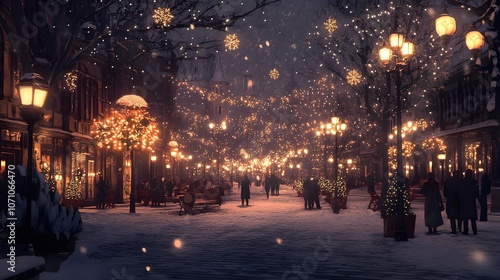 Snowy street lit up with festive lights.