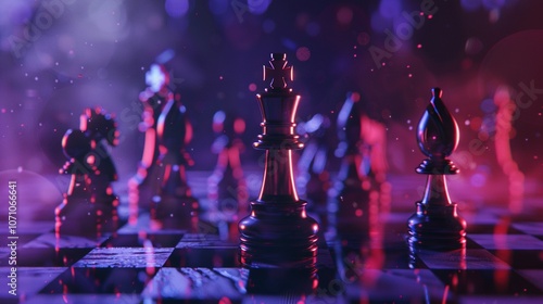 Black Chess King on a Checkerboard in Purple and Pink Lighting