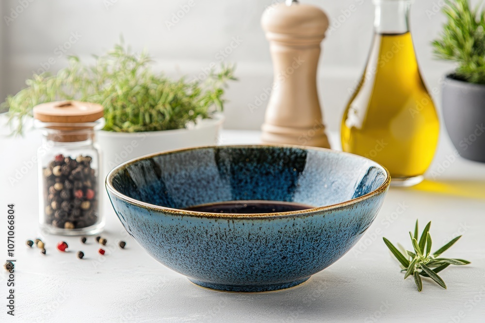 A blue bowl of olive oil spices and balsamic sauce flanked by a bottle of olive oil and shakers set against a light gray backdrop Classic salad dressing setup A blue bowl of olive oil spices and balsamic sauce flanked by a bottle of olive oil and shakers set against a light gray backdrop Classic salad dressing setup