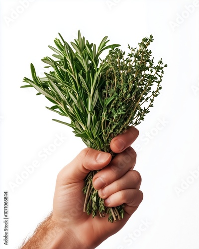 A hand holding a fresh bundle of rosemary and thyme in bright natural light photo