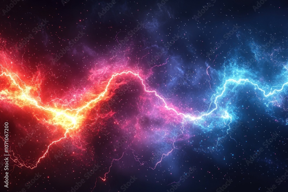 Abstract cosmic art with a bright red and blue lightning bolt on a dark background Abstract cosmic art with a bright red and blue lightning bolt on a dark background