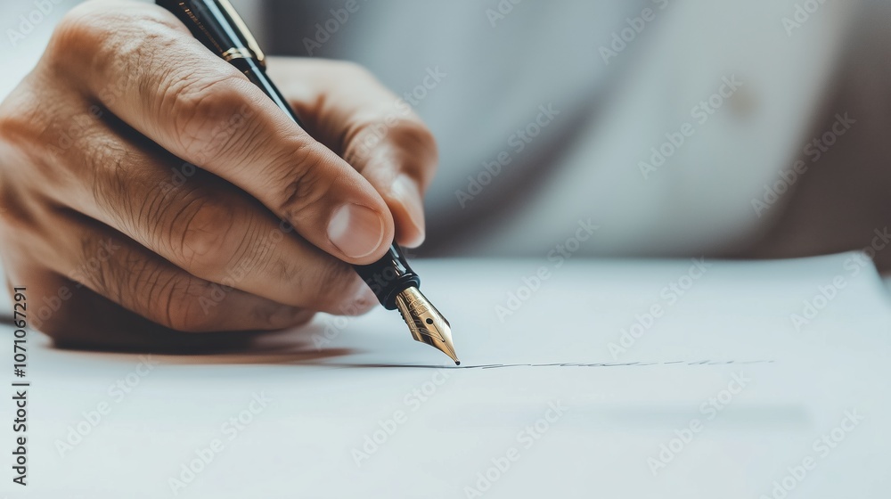 A detailed view of a hand gripping a fountain pen while writing on a blank page A detailed view of a hand gripping a fountain pen while writing on a blank page