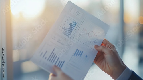 A person holds a financial report while analyzing data during a bright afternoon