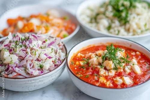 A light table holds crab salad with mayo and Russian borscht on striped fabric