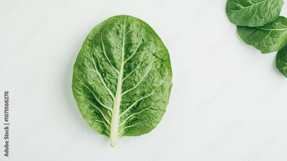 A fresh romaine lettuce leaf on a white background, showcasing its crisp texture and vibrant green color. A fresh romaine lettuce leaf on a white background, showcasing its crisp texture and vibrant green color.
