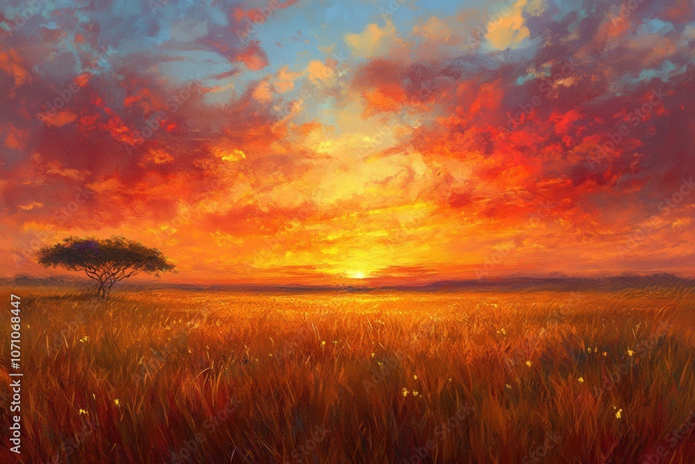 An African savanna at sunset with the sky ablaze in oranges, reds, and yellows. An African savanna at sunset with the sky ablaze in oranges, reds, and yellows.
