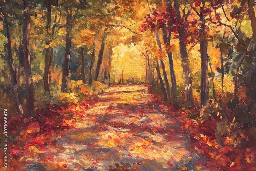 Golden autumn leaves line a path through the woods. Golden autumn leaves line a path through the woods.