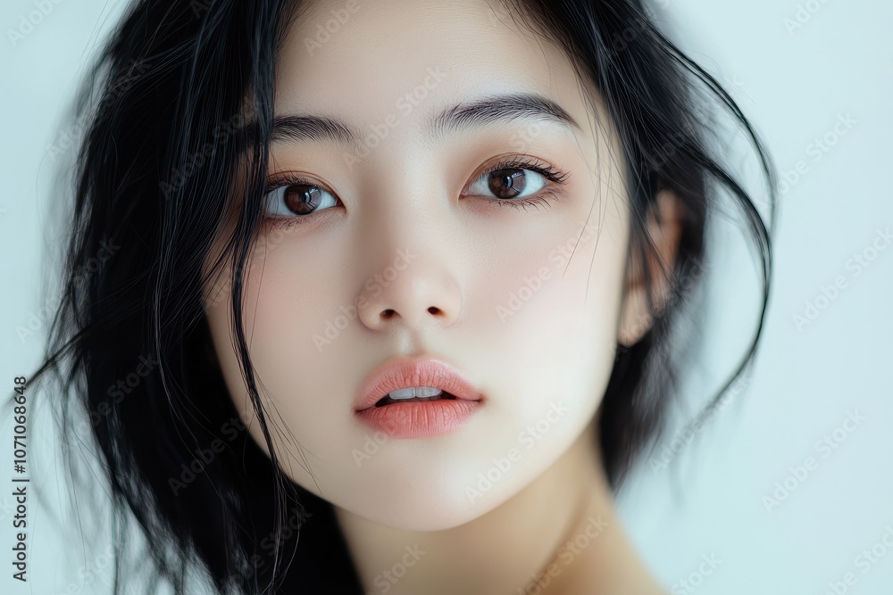 Naklejka premium Asian woman with eye irritation related to eye health allergies and inflammation young adult model