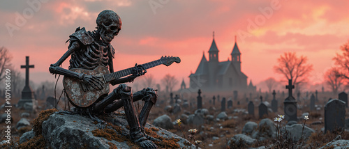 Skeleton statue sitting on a rock silently playing a ballad to the dead on his electric guitar as the sun sets over the dark gothic cemetery graves