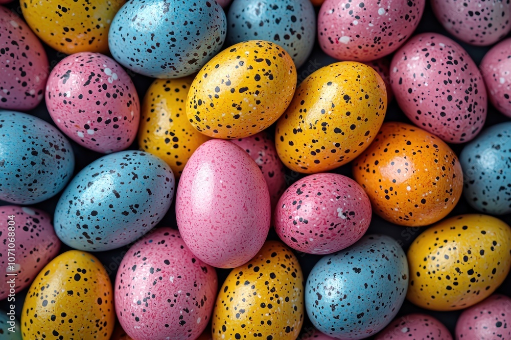 Close-up of Speckled Easter Eggs in Pink, Yellow, and Blue