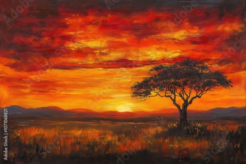 An African savanna at sunset with the sky ablaze in oranges, reds, and yellows.