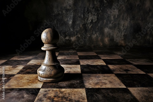 A single white pawn stands on a worn chessboard. photo