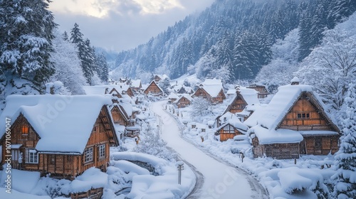 Winter Snow-covered Village at Night with Warm Glowing Lights