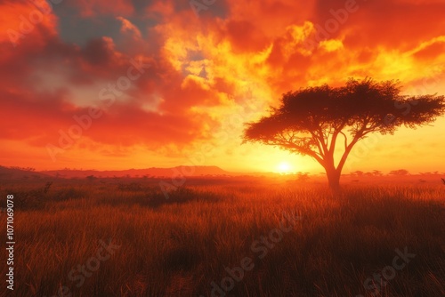 An African savanna at sunset with the sky ablaze in oranges, reds, and yellows.