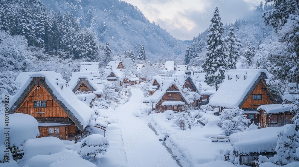 Naklejka premium Winter Snow-covered Village at Night with Warm Glowing Lights