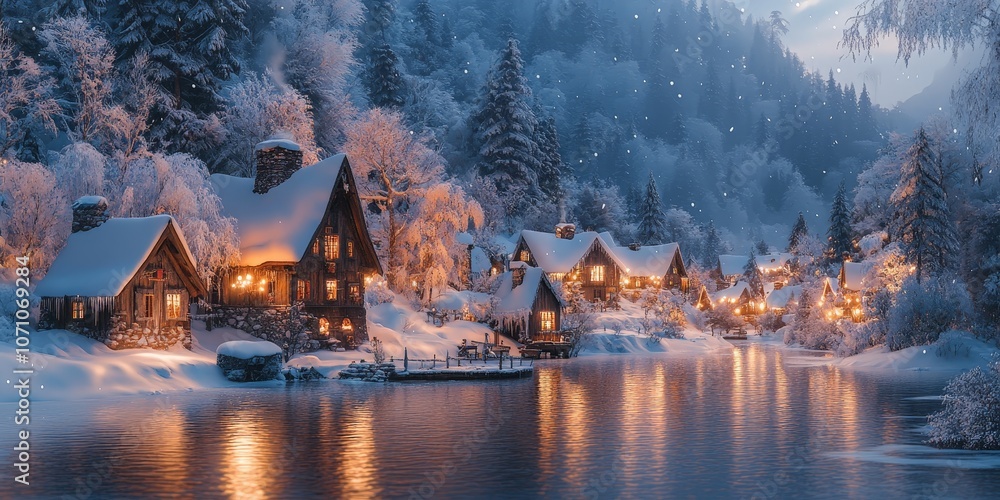 Fototapeta premium Winter Snow-covered Village at Night with Warm Glowing Lights