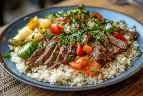 Beef and vegetable rice in blue bowl on wood surface