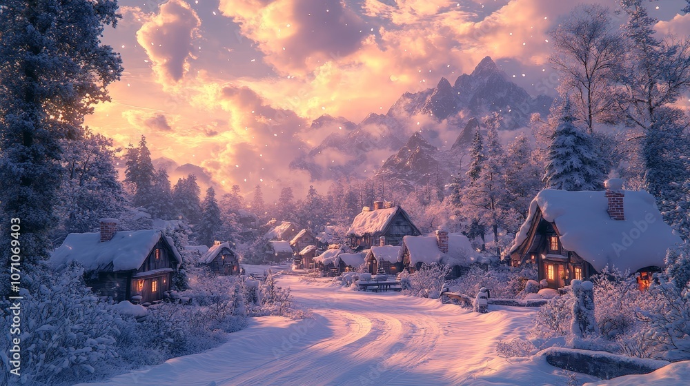 Winter Snow-covered Village at Night with Warm Glowing Lights Winter Snow-covered Village at Night with Warm Glowing Lights