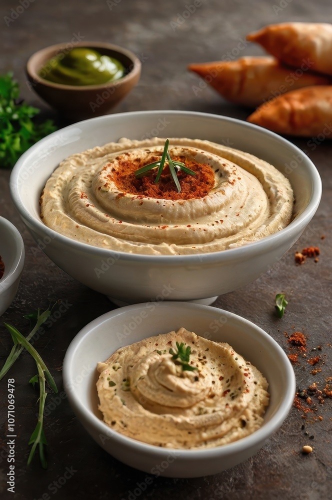 Three Bowls of Hummus Garnished with Parsley and Red Pepper Flakes Three Bowls of Hummus Garnished with Parsley and Red Pepper Flakes