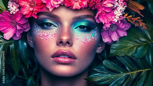 A woman with bright blue eyeshadow and glitter on her face wears a pink flower crown and poses surrounded by lush green foliage