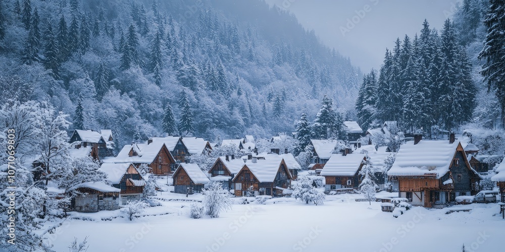 Winter Snow-covered Village at Night with Warm Glowing Lights Winter Snow-covered Village at Night with Warm Glowing Lights