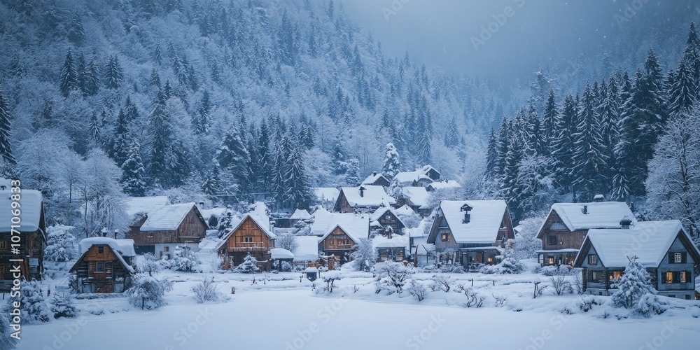 Winter Snow-covered Village at Night with Warm Glowing Lights