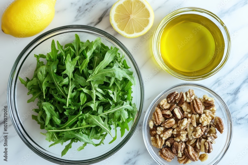 Bowl of wild arugula pesto with walnuts sunflower seeds lemon and olive oil alongside Bowl of wild arugula pesto with walnuts sunflower seeds lemon and olive oil alongside