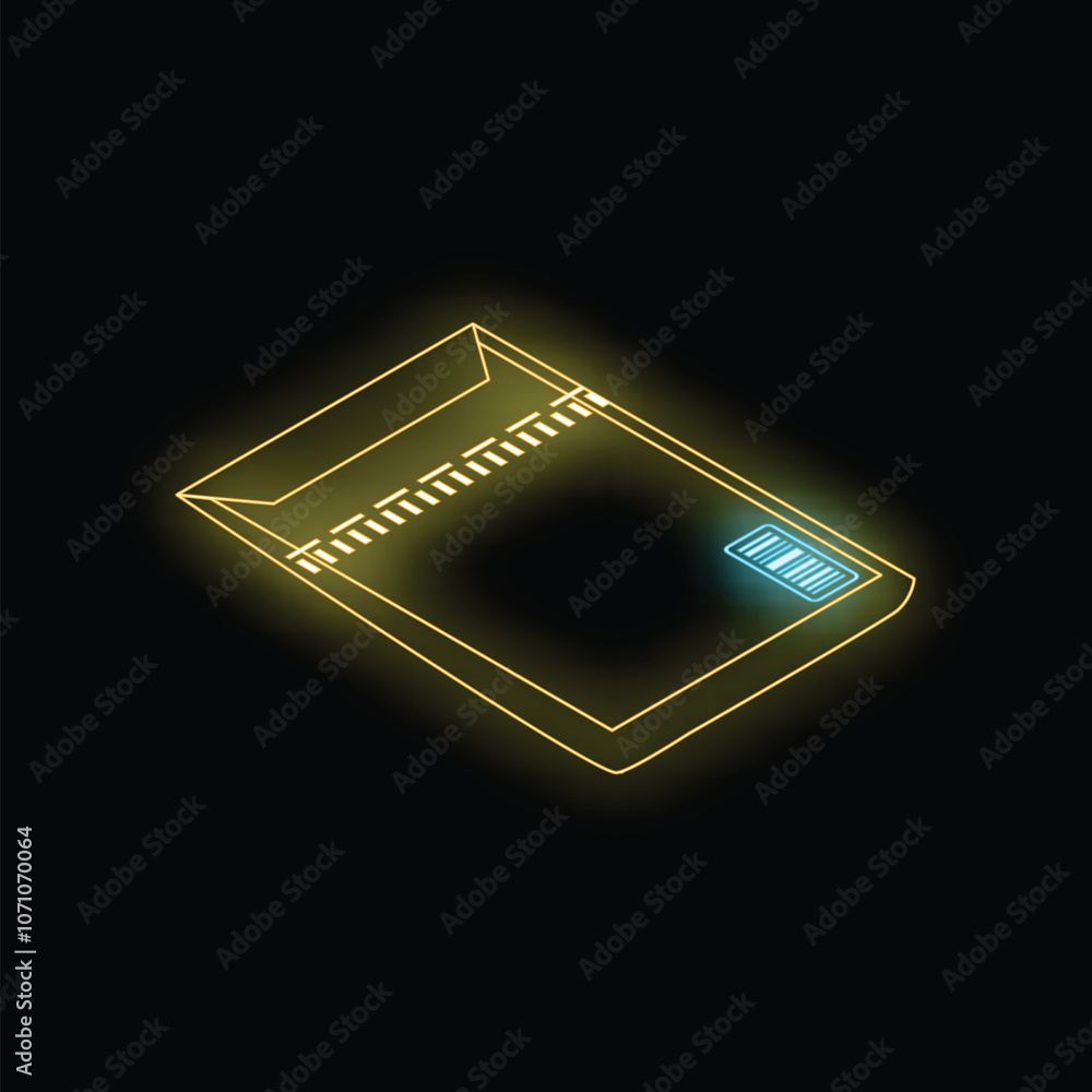 Neon yellow package with blue barcode isometric view on black background representing e commerce and delivery Neon yellow package with blue barcode isometric view on black background representing e commerce and delivery
