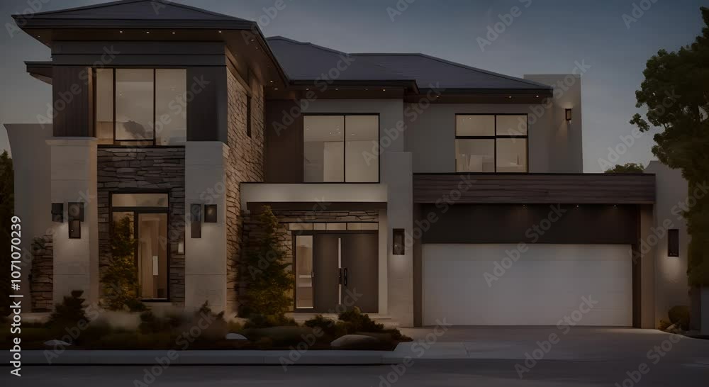 Modern Suburban House with Stone Accents 4K Modern Suburban House with Stone Accents 4K