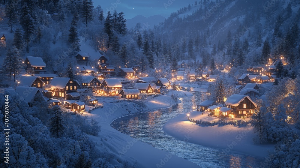 Winter Snow-covered Village at Night with Warm Glowing Lights Winter Snow-covered Village at Night with Warm Glowing Lights