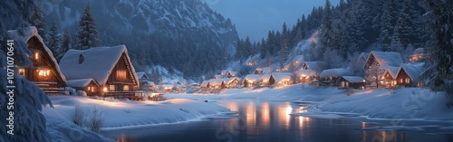 Wallpaper Mural Winter Snow-covered Village at Night with Warm Glowing Lights Torontodigital.ca