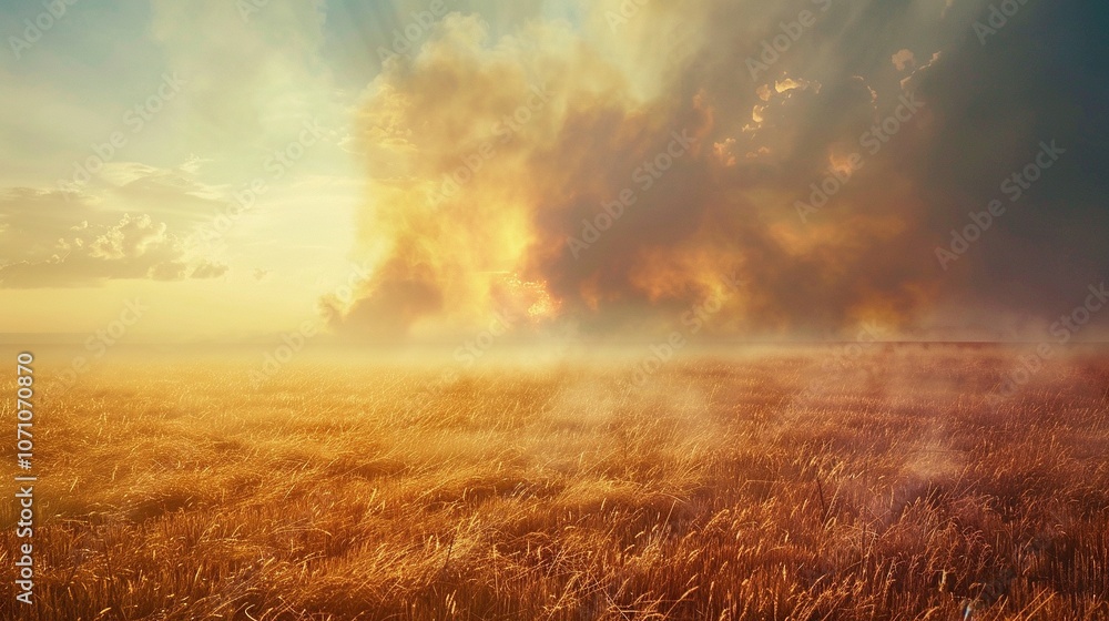 Fototapeta premium Golden Grass Field with Smoke and Sunlight
