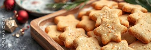 Close-up of beautifully decorated Kahk El Eid cookies on a wooden tray, Eid celebration, cookies, Kahk El Eid photo