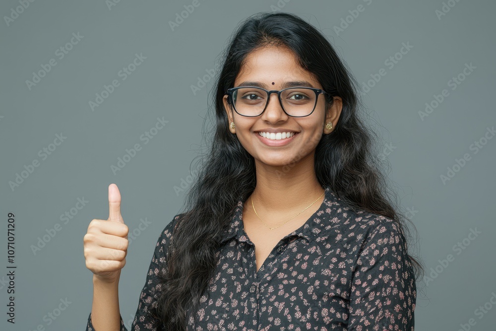 Cheerful young Indian female model in glasses gives a thumbs up recommendation against a gray studio backdrop Cheerful young Indian female model in glasses gives a thumbs up recommendation against a gray studio backdrop