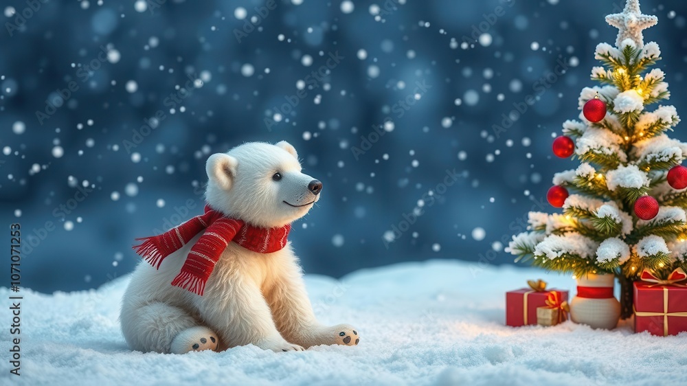 Cute polar bear sitting next to a Christmas tree in a snowy winter wonderland, North Pole, December, polar bear Cute polar bear sitting next to a Christmas tree in a snowy winter wonderland, North Pole, December, polar bear