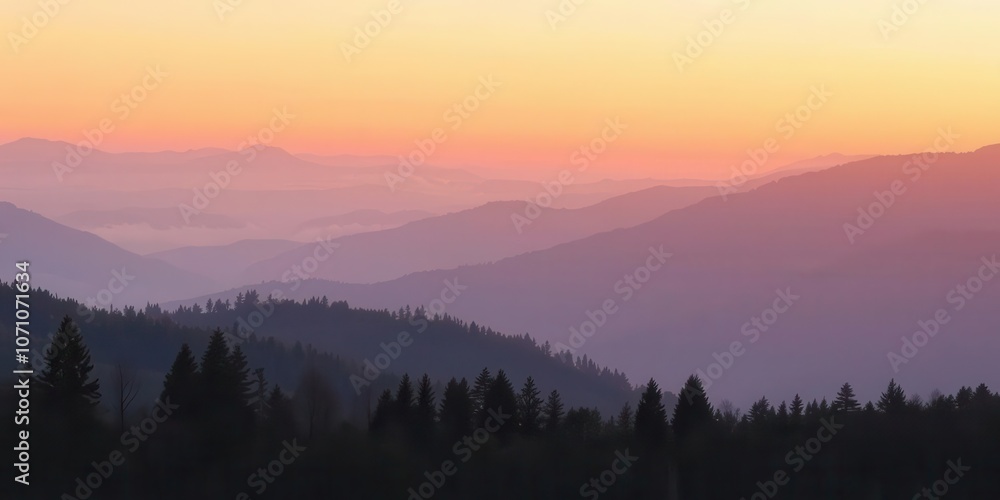 Obraz premium Misty mountain landscape in warm colors, minimalist style, dusk, calm, valley