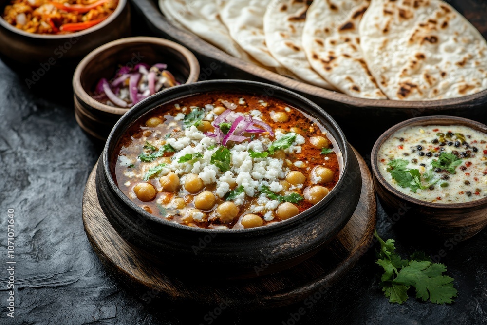 Chole or Spicy Chickpeas is a classic North Indian dish typically paired with Bhature or Roti Naan Selective focus Chole or Spicy Chickpeas is a classic North Indian dish typically paired with Bhature or Roti Naan Selective focus