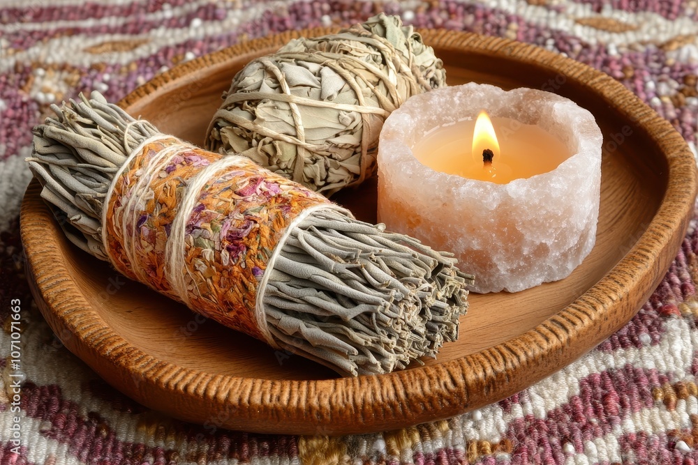 Cleansing kit featuring sage palo santo and a salt candle holder Promotes wellbeing and positive energy through natural elements and spiritual rituals Cleansing kit featuring sage palo santo and a salt candle holder Promotes wellbeing and positive energy through natural elements and spiritual rituals
