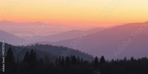 Misty mountain landscape in warm colors, minimalist style, dusk, calm, valley