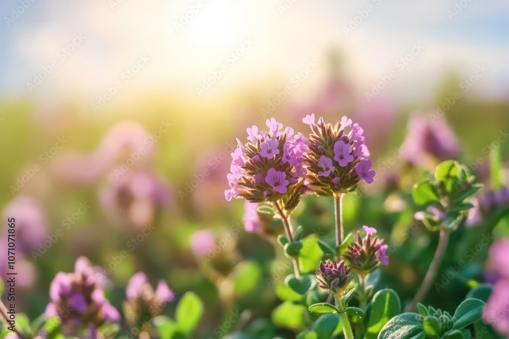 Close up macro shot of blooming Thymus serpyllum a fragrant wild thyme thriving in a sunny field a lovely culinary and medicinal herb Close up macro shot of blooming Thymus serpyllum a fragrant wild thyme thriving in a sunny field a lovely culinary and medicinal herb