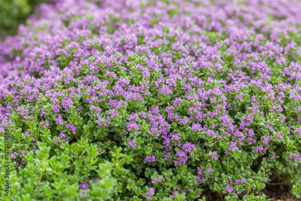Naklejka premium Close up macro shot of flowering wild thyme a lovely culinary and medicinal plant in a sunny field