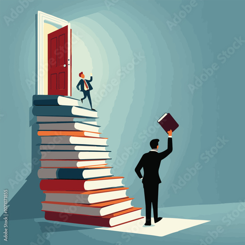 Best book to help entrepreneur success in business, knowledge or skill to succeed and overcome obstacle concept, smart success businessman meditating and learn new skill on stack of business books.	