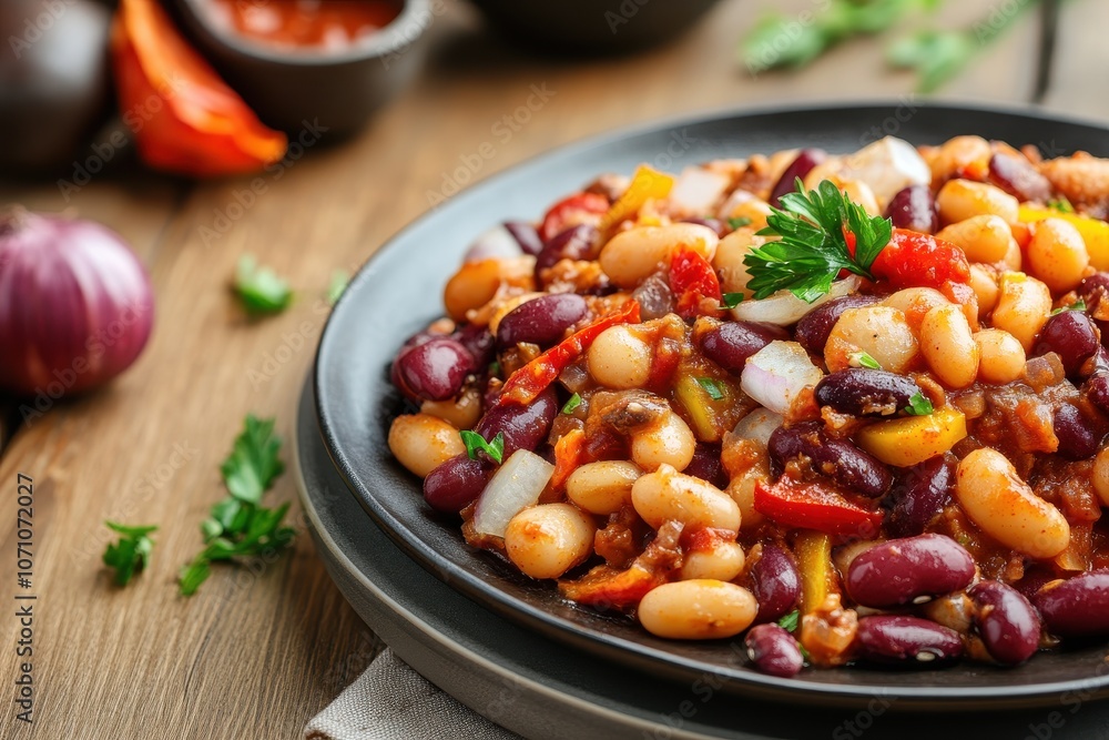 Close up of a tasty three bean salad with chili and onion on a plate Vertical shot Close up of a tasty three bean salad with chili and onion on a plate Vertical shot