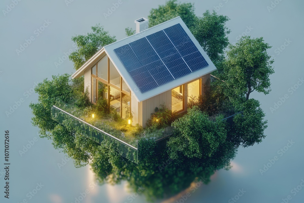Compact home featuring solar panels ventilation systems and mansard windows surrounded by trees Perfect for sustainable energy and eco friendly living Compact home featuring solar panels ventilation systems and mansard windows surrounded by trees Perfect for sustainable energy and eco friendly living