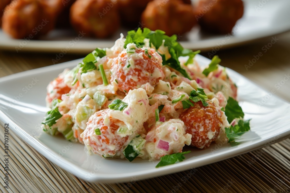 Crab salad on a white plate atop a bamboo tablecloth with delicious pork meatballs behind Crab salad on a white plate atop a bamboo tablecloth with delicious pork meatballs behind