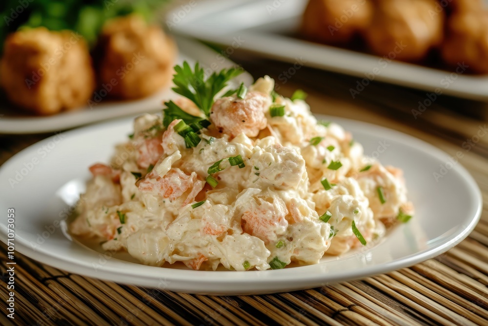 Crab salad on a white dish atop a bamboo tablecloth with delicious pork meatballs behind it Crab salad on a white dish atop a bamboo tablecloth with delicious pork meatballs behind it