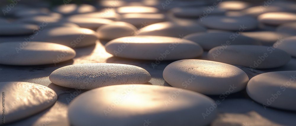 Photorealistic 3D render of polished stone pebbles in smooth, rounded pattern, with ambient light reflections creating a calming, spa-inspired atmosphere. Ideal for wellness Photorealistic 3D render of polished stone pebbles in smooth, rounded pattern, with ambient light reflections creating a calming, spa-inspired atmosphere. Ideal for wellness