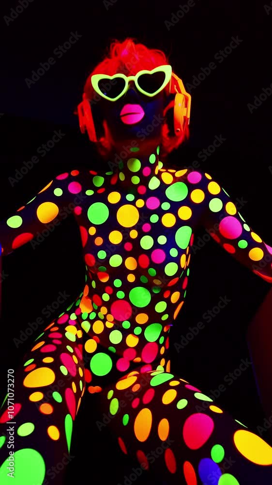 Female dancer in glow UV costume in vertical Female dancer in glow UV costume in vertical