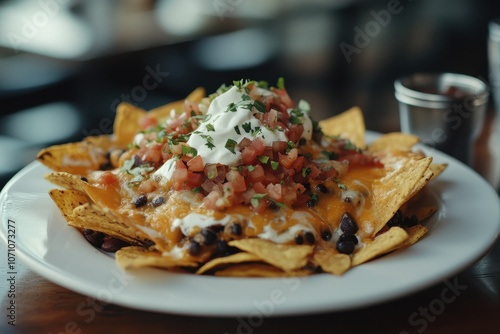 Crispy tortilla chips with melted cheese salsa beans jalapeños guacamole sour cream and lettuce a classic menu item in Tex Mex or Mexican restaurants